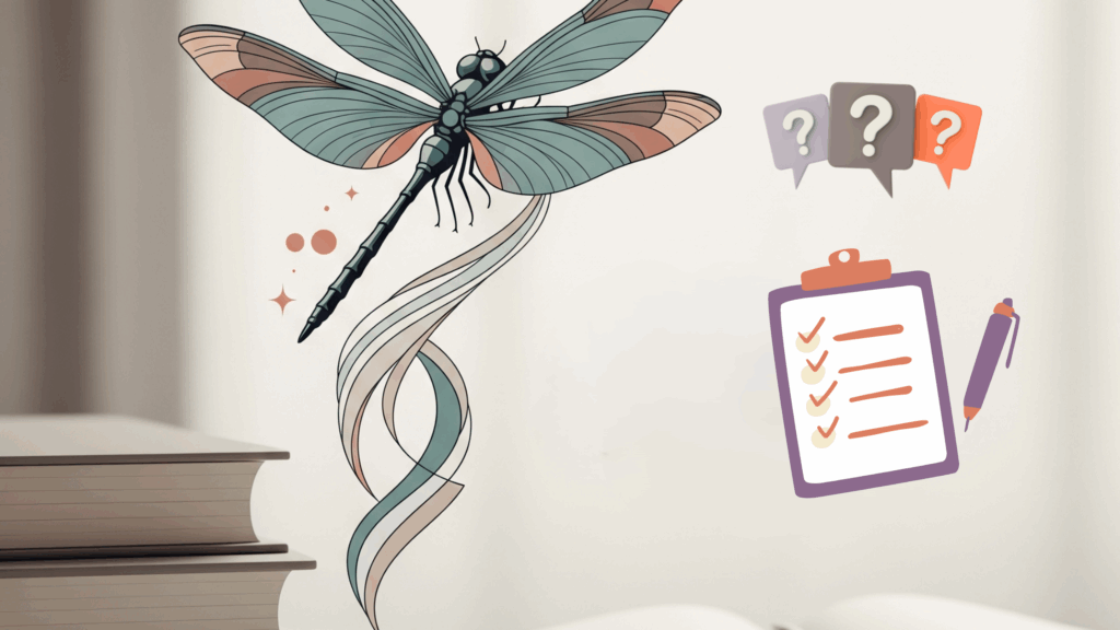 “Illustration of a dragonfly and a checklist clipboard with question icons, representing a bookkeeping quiz.”